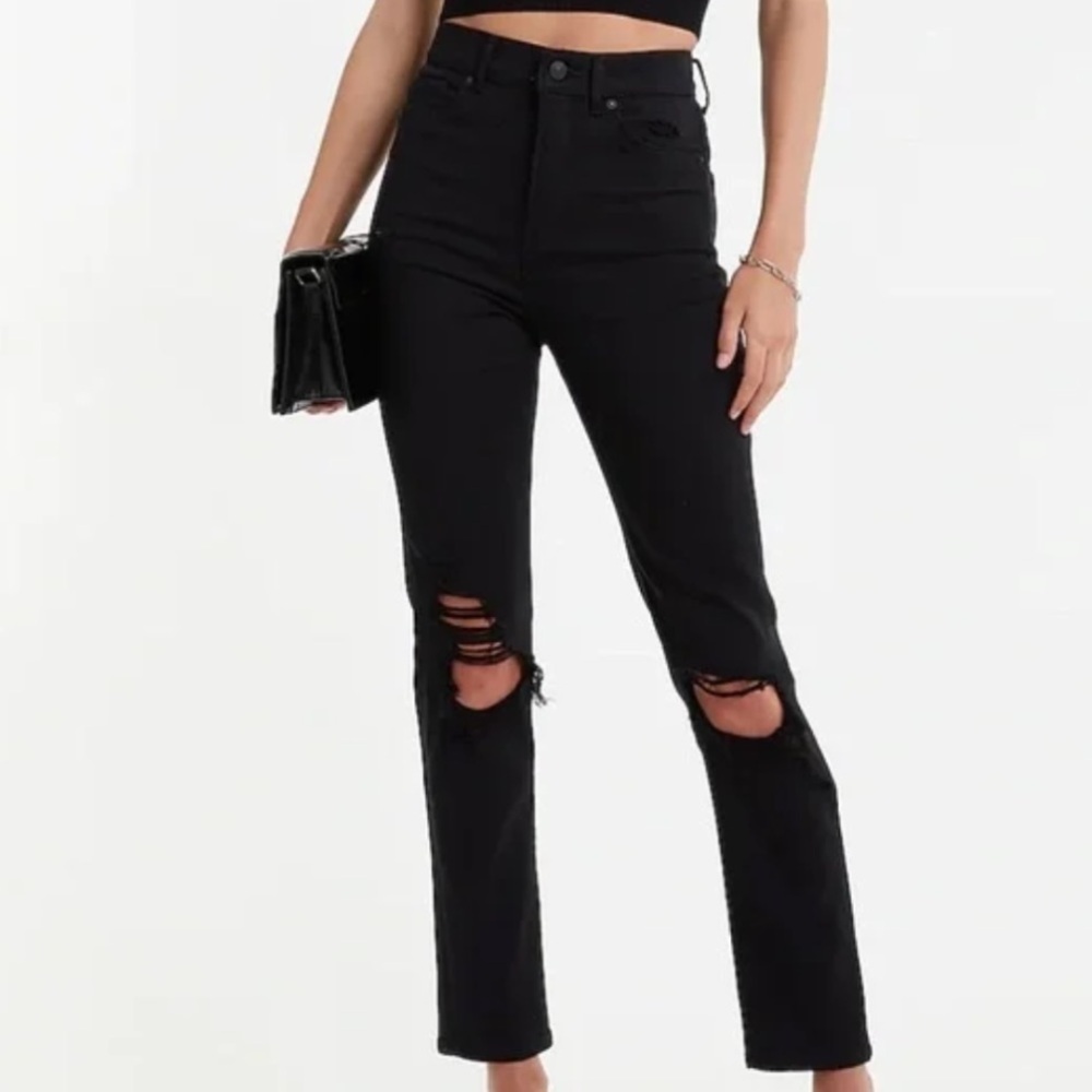 Express Women 8 Black Distressed Ripped Denim Grunge Super High Rise Mom Jeans